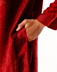 Twamev Men Red Art Silk Kurta Set with Embroidery