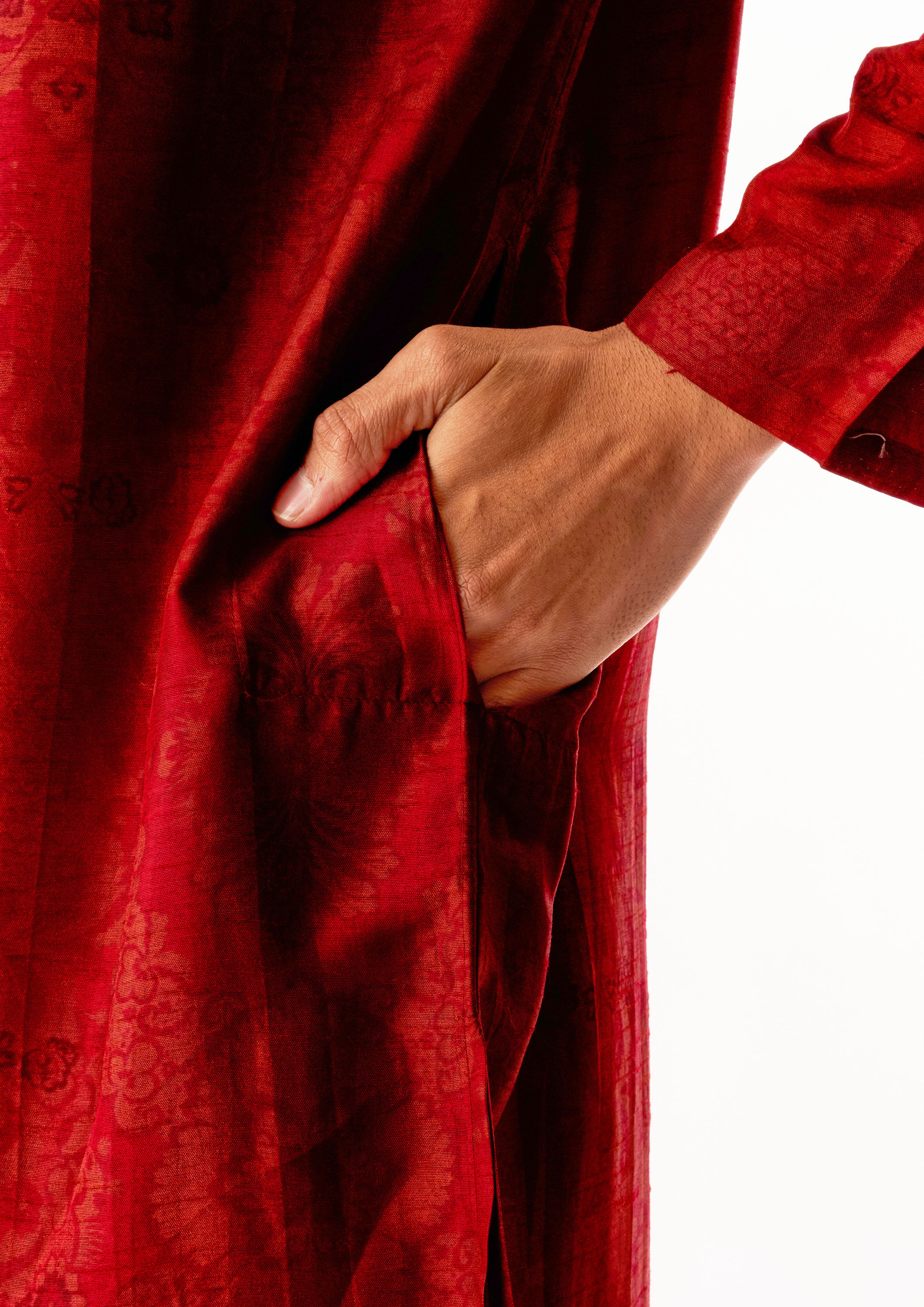 Twamev Men Red Art Silk Kurta Set with Embroidery