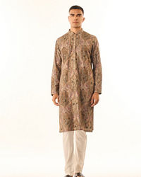 Twamev Men Grey Art Silk Kurta Set with Embroidery