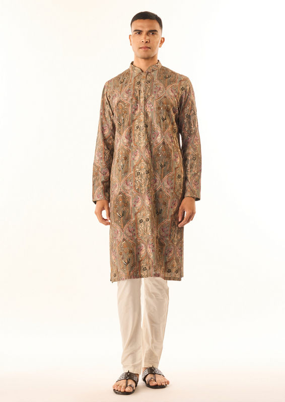 Twamev Men Grey Art Silk Kurta Set with Embroidery