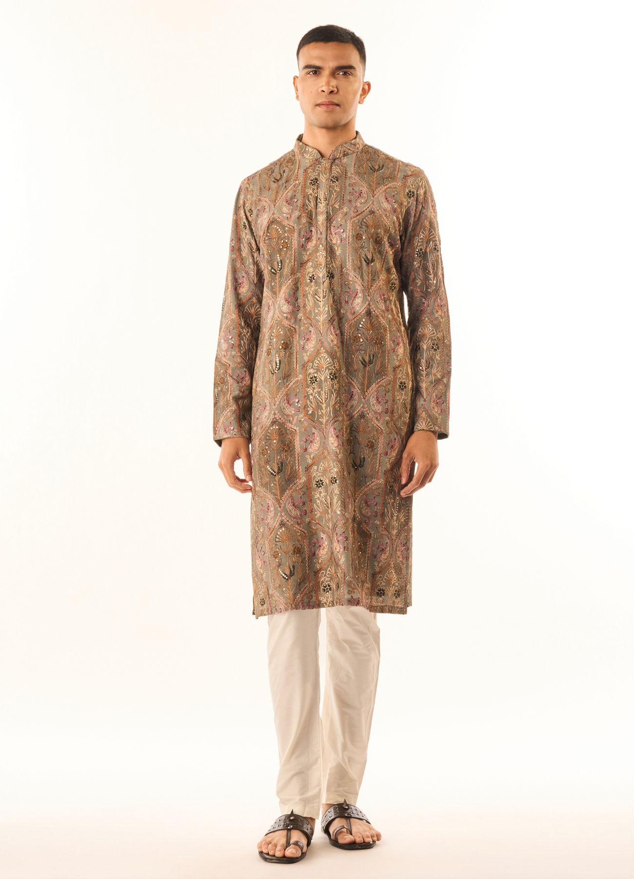 Twamev Men Grey Art Silk Kurta Set with Embroidery