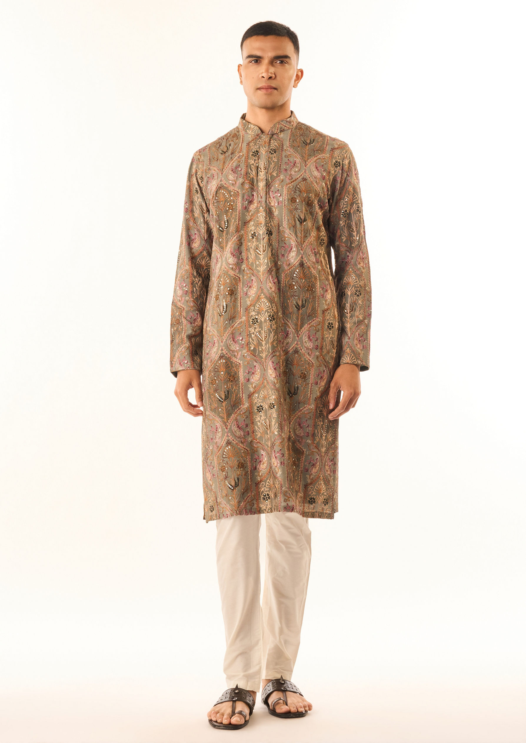 Twamev Men Grey Art Silk Kurta Set with Embroidery