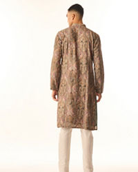 Twamev Men Grey Art Silk Kurta Set with Embroidery