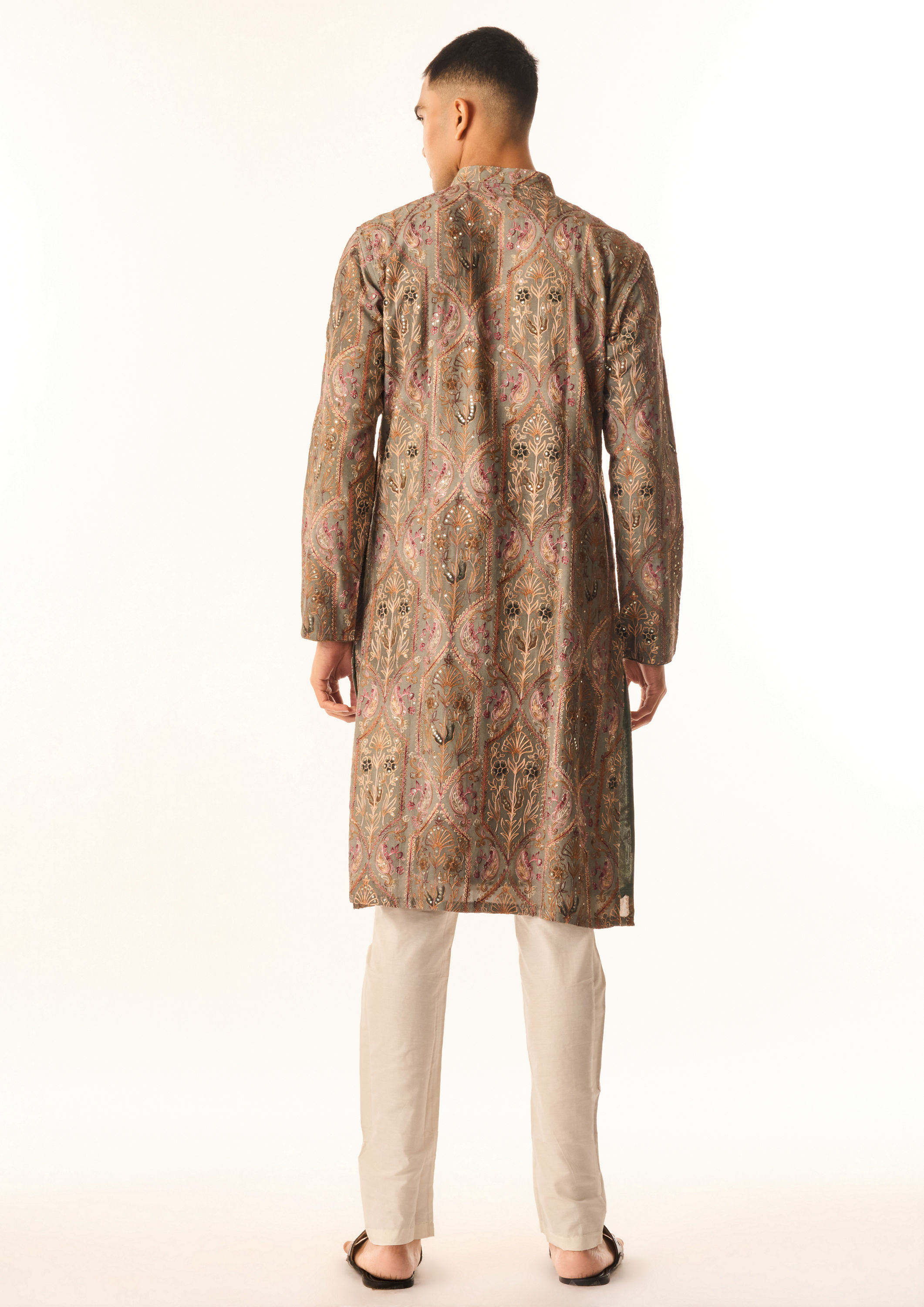 Twamev Men Grey Art Silk Kurta Set with Embroidery