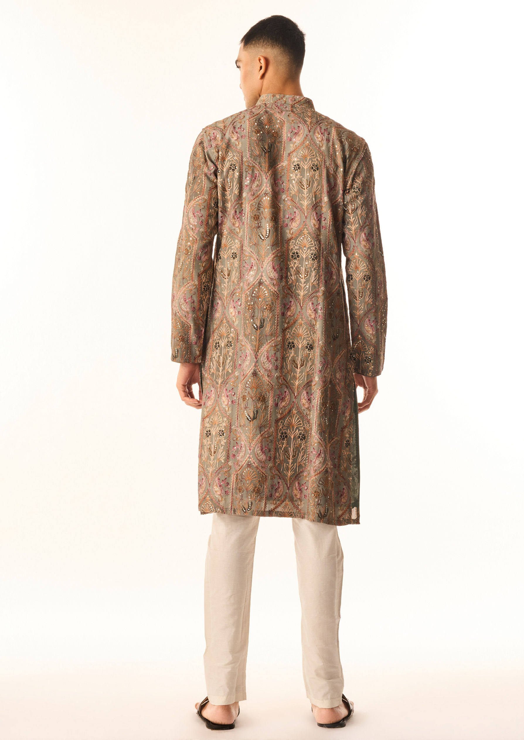 Twamev Men Grey Art Silk Kurta Set with Embroidery