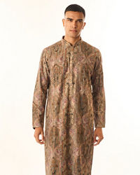 Twamev Men Grey Art Silk Kurta Set with Embroidery
