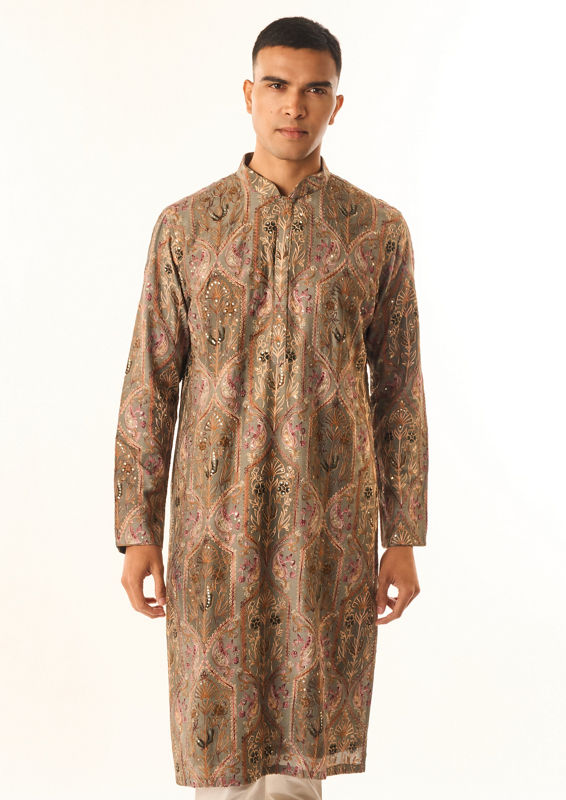 Twamev Men Grey Art Silk Kurta Set with Embroidery
