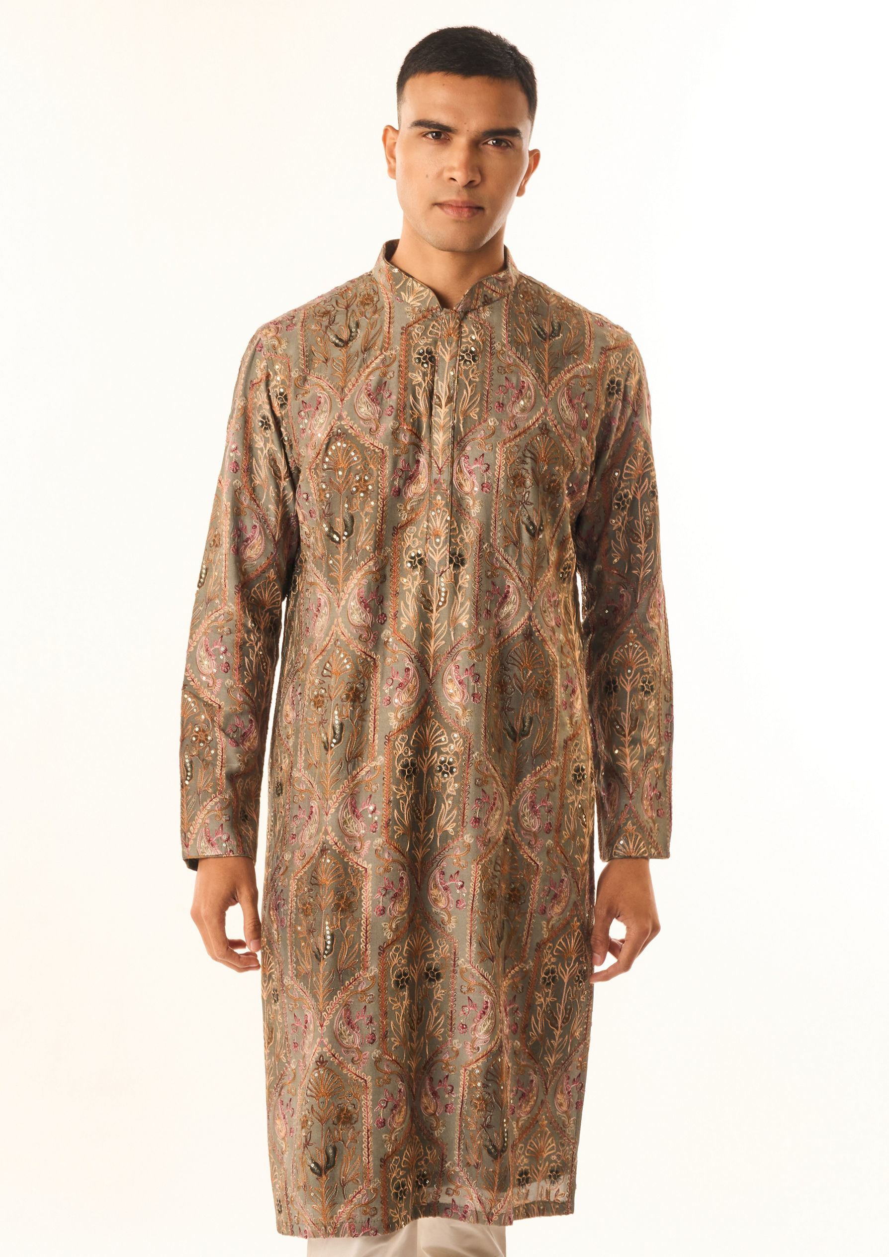 Twamev Men Grey Art Silk Kurta Set with Embroidery