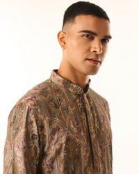 Twamev Men Grey Art Silk Kurta Set with Embroidery