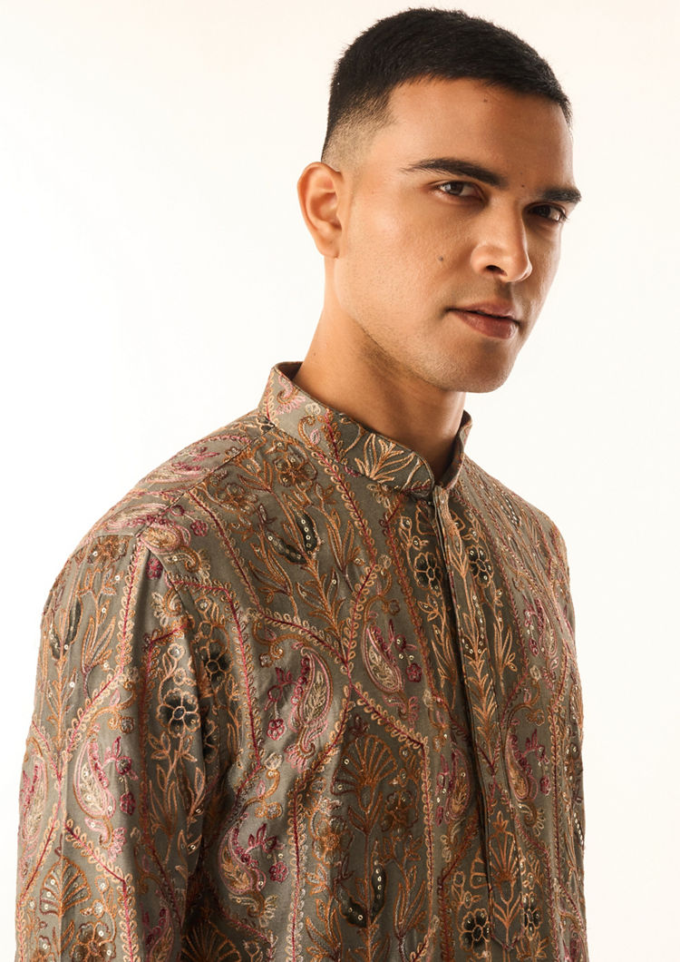 Twamev Men Grey Art Silk Kurta Set with Embroidery