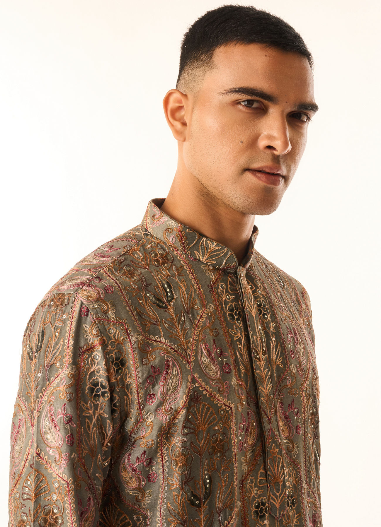 Twamev Men Grey Art Silk Kurta Set with Embroidery