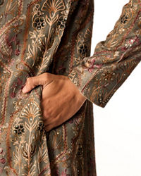 Twamev Men Grey Art Silk Kurta Set with Embroidery