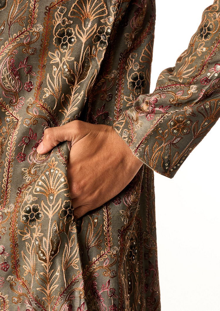 Twamev Men Grey Art Silk Kurta Set with Embroidery