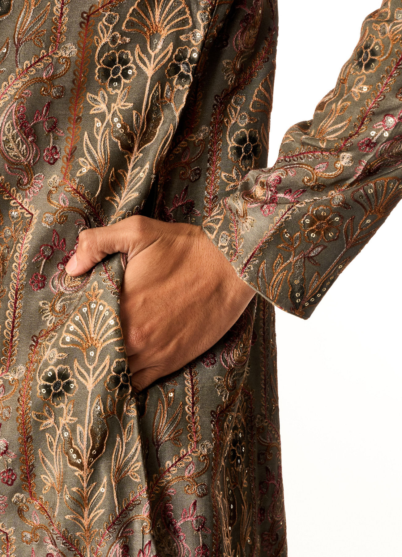 Twamev Men Grey Art Silk Kurta Set with Embroidery
