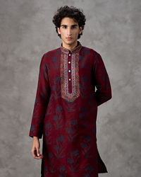 Twamev Men Red Silk Hand Bllock Printed and Embroidered Kurta Pant Set