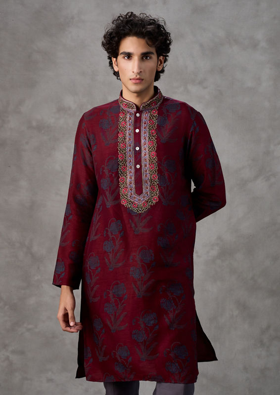 Twamev Men Red Art Silk Kurta Pant Set