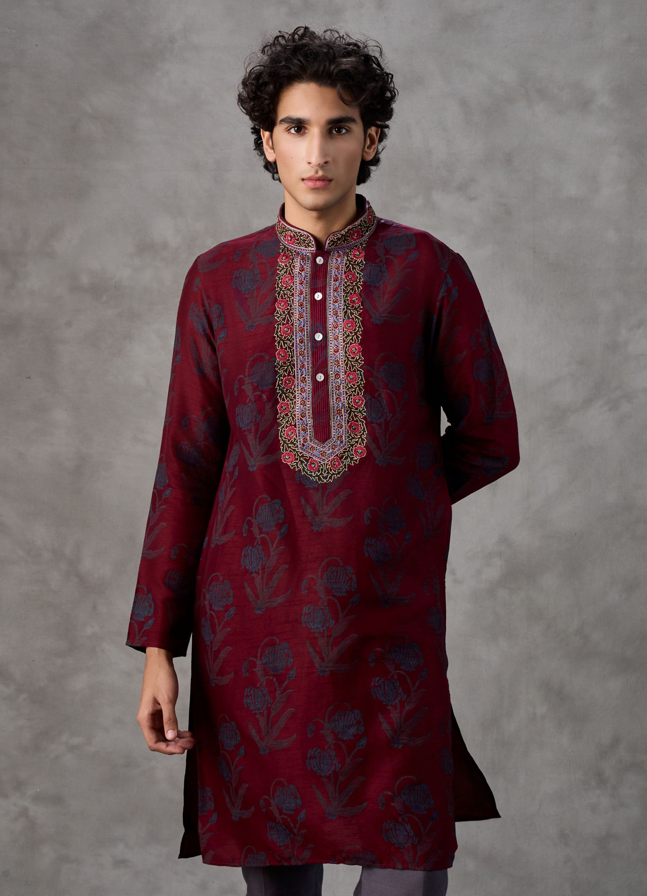 Twamev Men Red Silk Hand Bllock Printed and Embroidered Kurta Pant Set