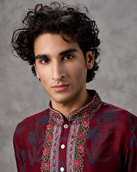Twamev Men Red Silk Hand Bllock Printed and Embroidered Kurta Pant Set
