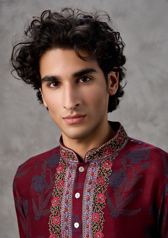 Twamev Men Red Art Silk Kurta Pant Set