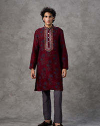 Twamev Men Red Silk Hand Bllock Printed and Embroidered Kurta Pant Set
