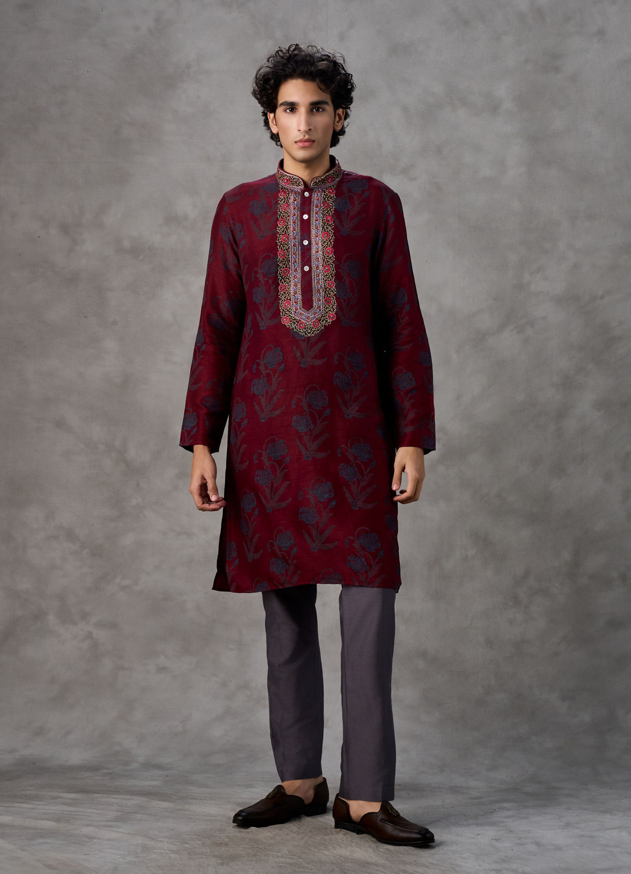 Twamev Men Red Silk Hand Bllock Printed and Embroidered Kurta Pant Set