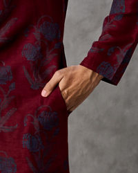 Twamev Men Red Silk Hand Bllock Printed and Embroidered Kurta Pant Set