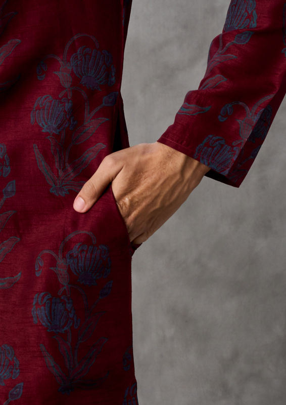 Twamev Men Red Art Silk Kurta Pant Set