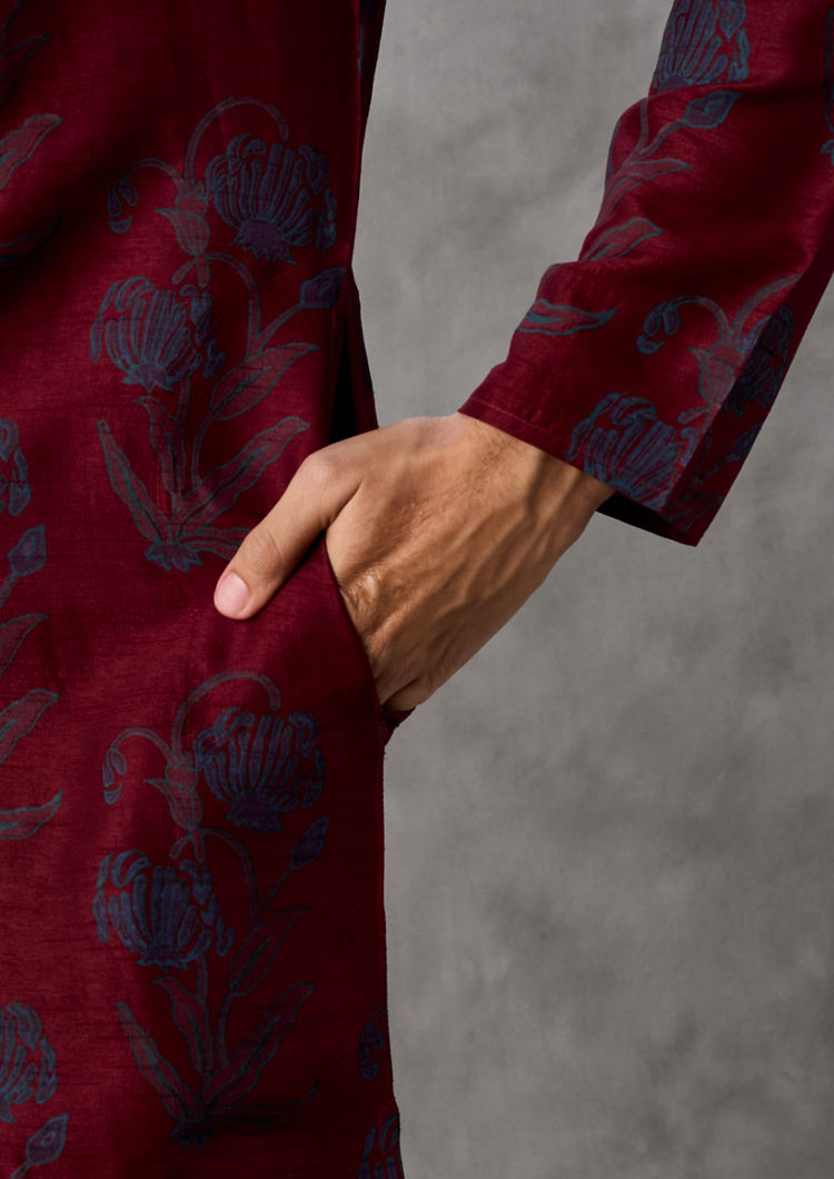 Twamev Men Red Art Silk Kurta Pant Set