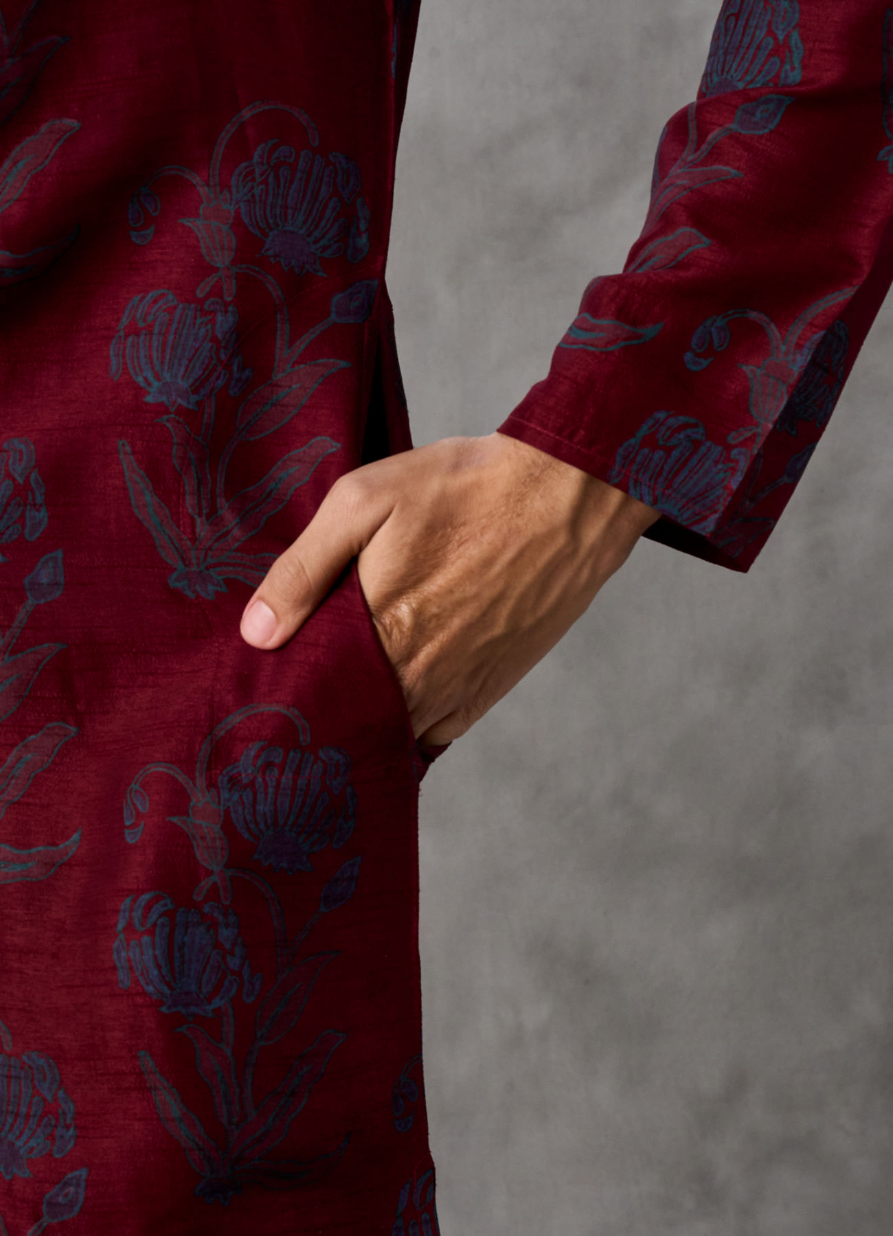 Twamev Men Red Silk Hand Bllock Printed and Embroidered Kurta Pant Set
