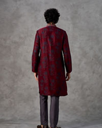 Twamev Men Red Silk Hand Bllock Printed and Embroidered Kurta Pant Set