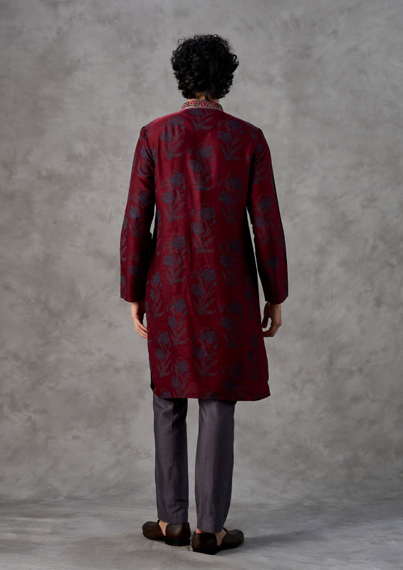 Twamev Men Red Art Silk Kurta Pant Set
