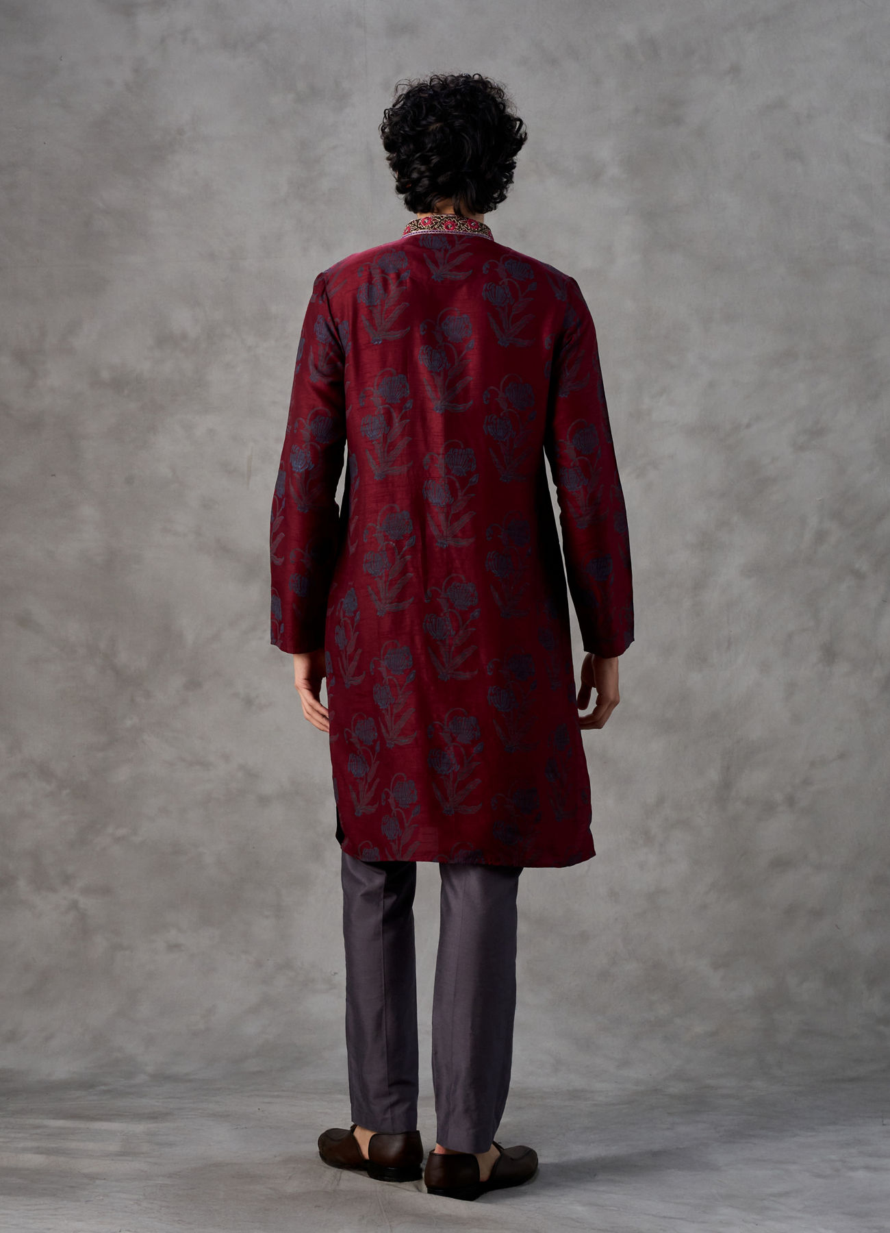 Twamev Men Red Silk Hand Bllock Printed and Embroidered Kurta Pant Set