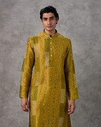 Twamev Men Mustard Silk Chevron Embroidered Kurta Set