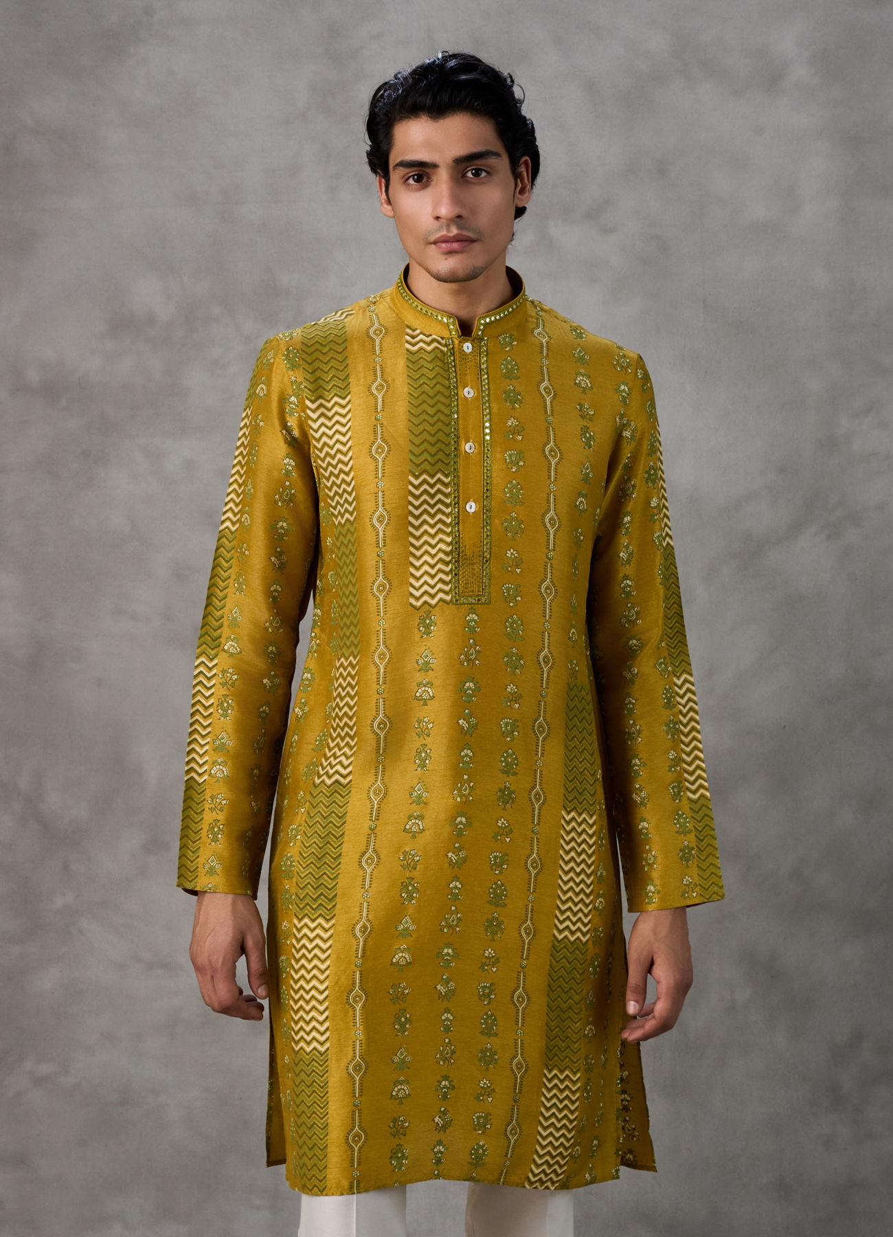 Twamev Men Mustard Silk Chevron Embroidered Kurta Set