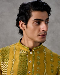Twamev Men Mustard Silk Chevron Embroidered Kurta Set