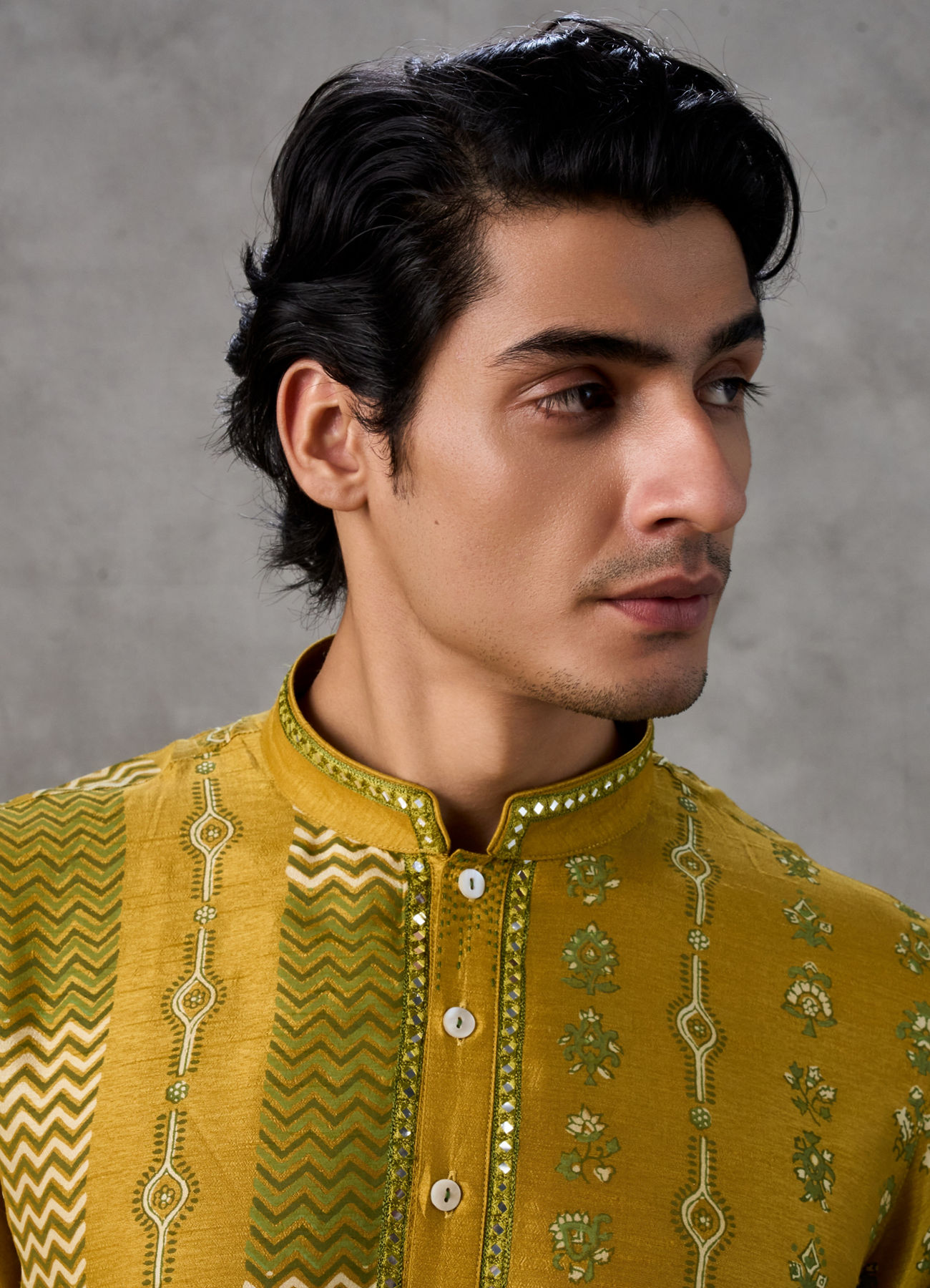 Twamev Men Mustard Silk Chevron Embroidered Kurta Set