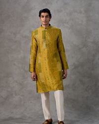 Twamev Men Mustard Silk Chevron Embroidered Kurta Set