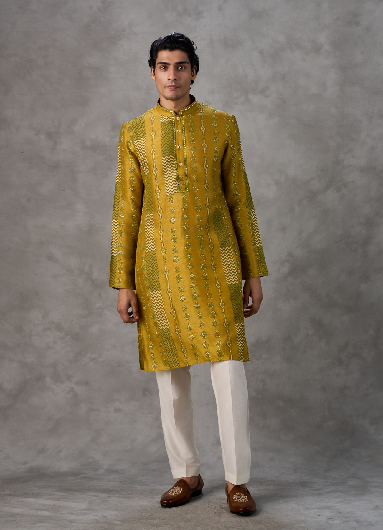 Twamev Men Mustard Silk Chevron Embroidered Kurta Set
