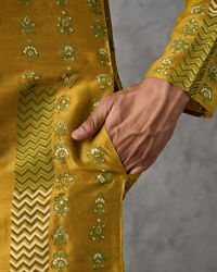 Twamev Men Mustard Silk Chevron Embroidered Kurta Set