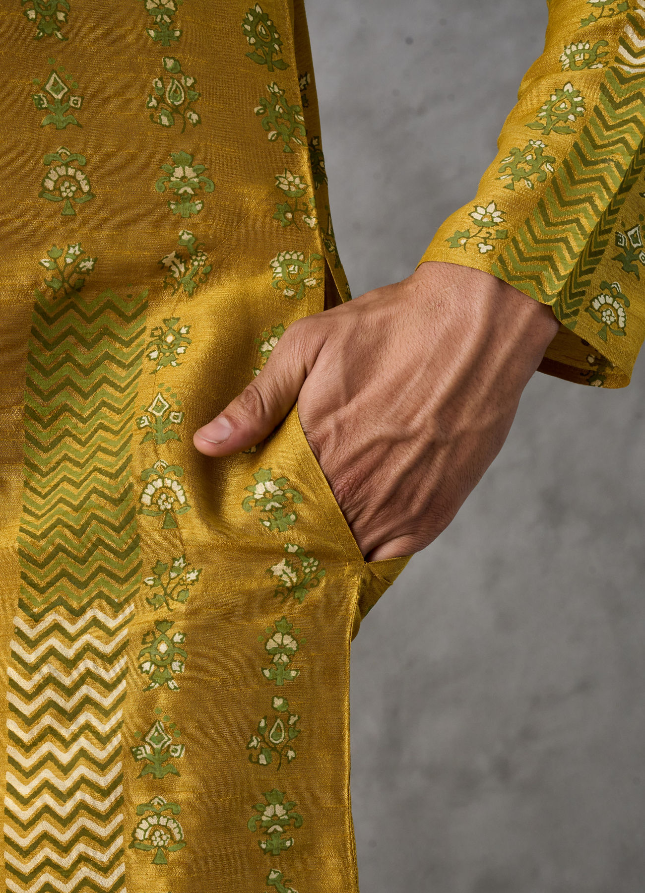Twamev Men Mustard Silk Chevron Embroidered Kurta Set