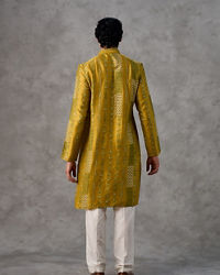 Twamev Men Mustard Silk Chevron Embroidered Kurta Set