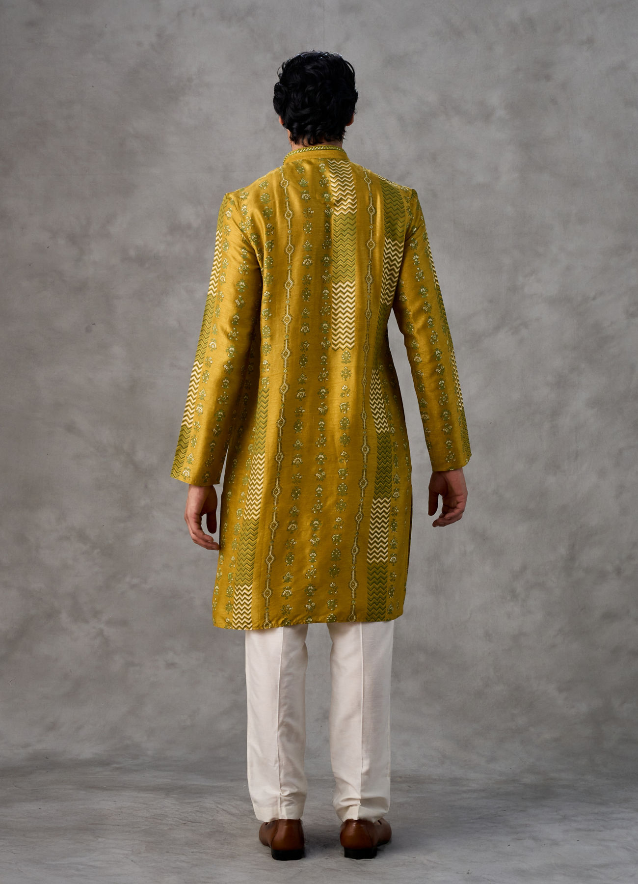 Twamev Men Mustard Silk Chevron Embroidered Kurta Set