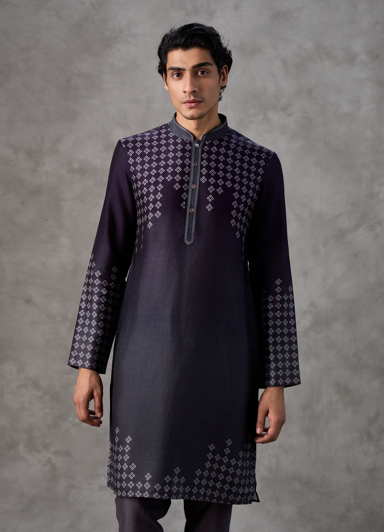 Twamev Men Navy Silk Mosaic Diamond Print Kurta Set