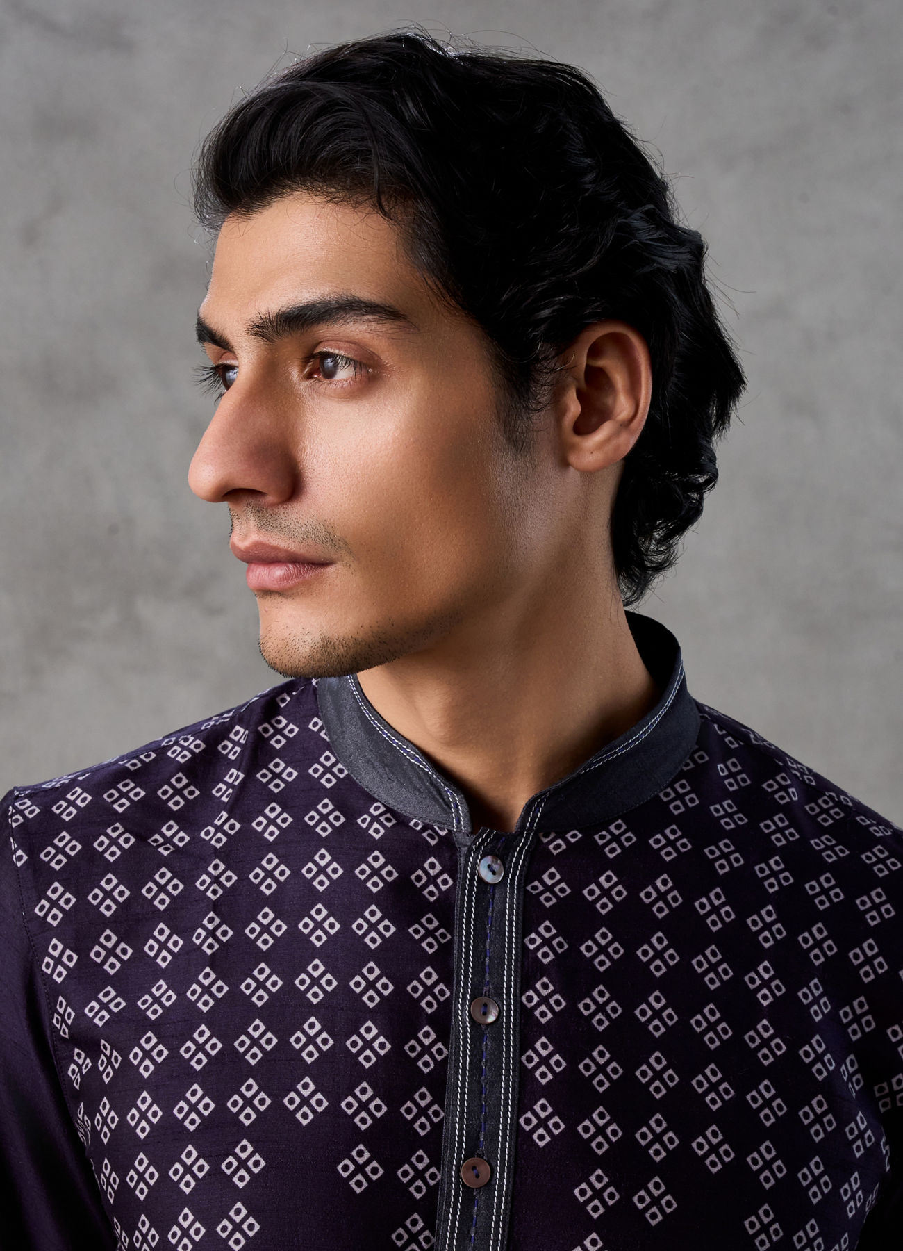 Twamev Men Navy Silk Mosaic Diamond Print Kurta Set