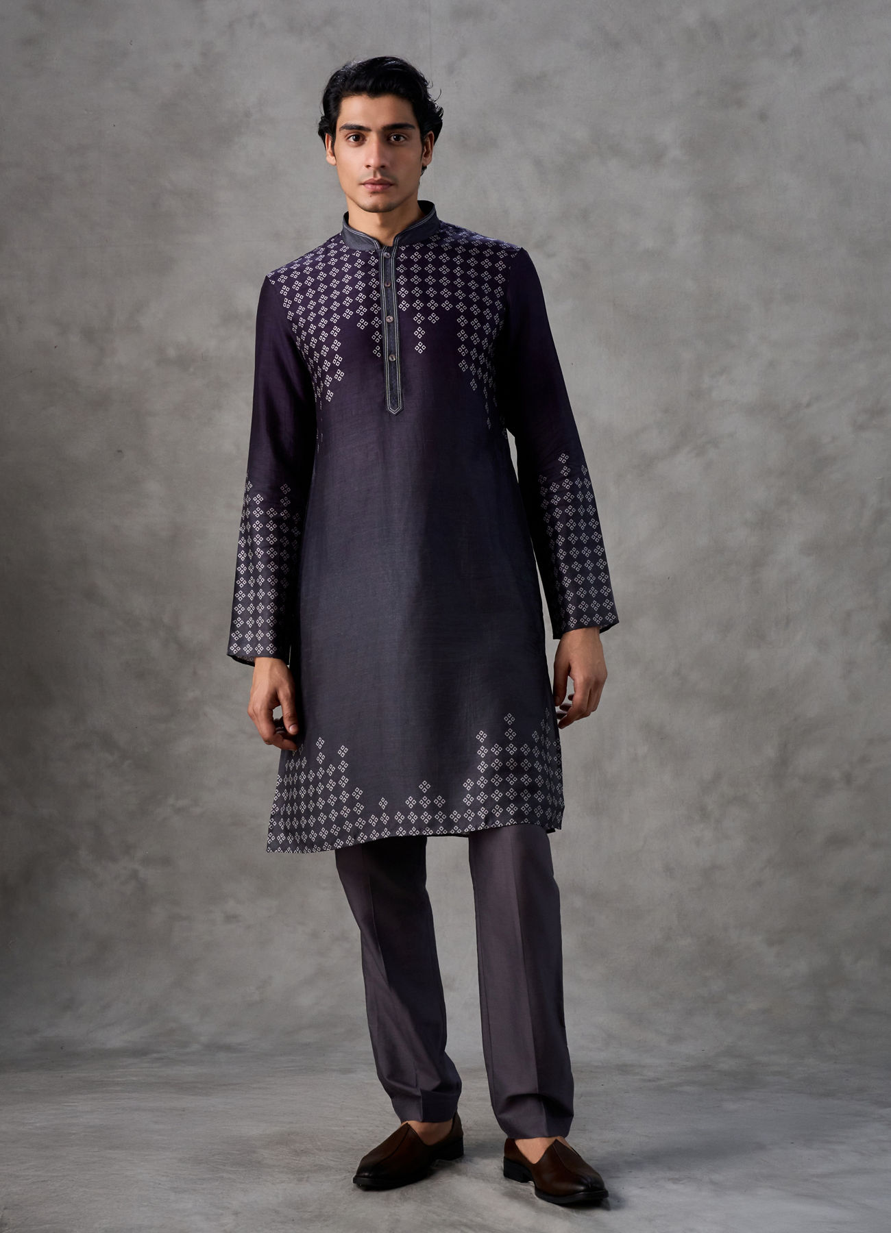 Twamev Men Navy Silk Mosaic Diamond Print Kurta Set