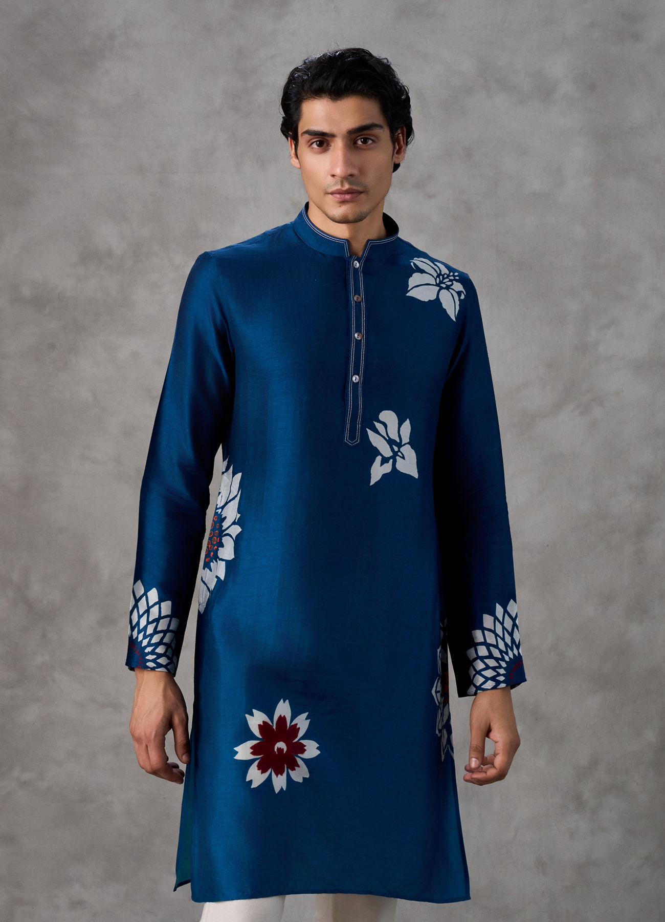 Twamev Men Teal Blue Silk Floral Applique Kurta Set