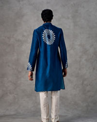 Twamev Men Teal Blue Silk Floral Applique Kurta Set