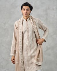 Twamev Men Beige Georgette Thread Embroidered Kurta Pant Set