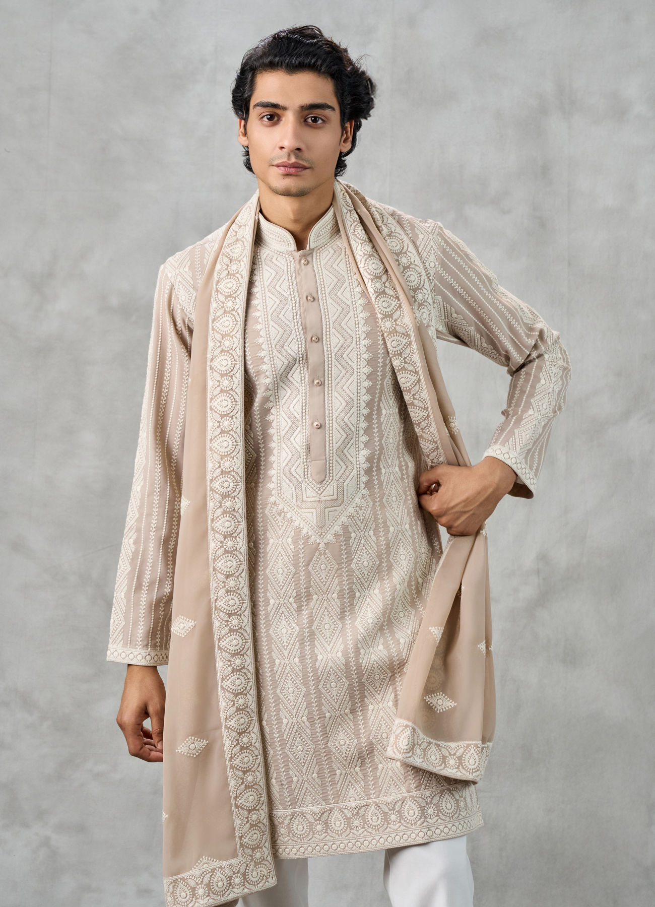 Twamev Men Beige Georgette Thread Embroidered Kurta Pant Set