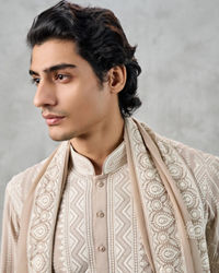 Twamev Men Beige Georgette Thread Embroidered Kurta Pant Set